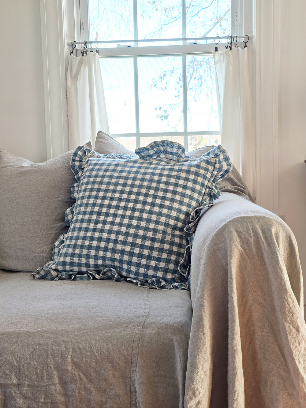Cottage Blue Gingham and Ruffles Pillow