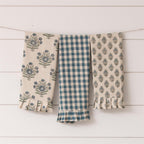 Cottage Blue Gingham and Block Print Tea Towel Set