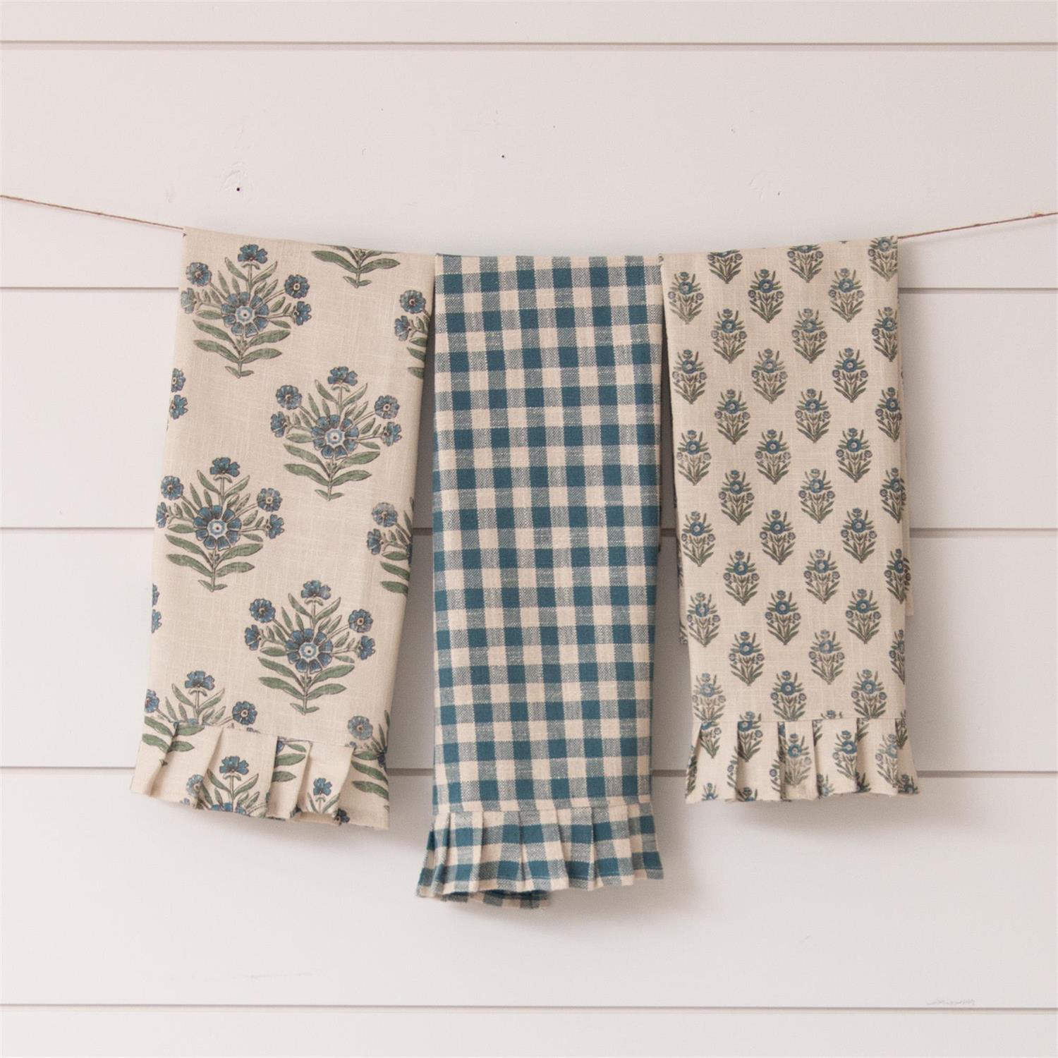 Cottage Blue Gingham and Block Print Tea Towel Set