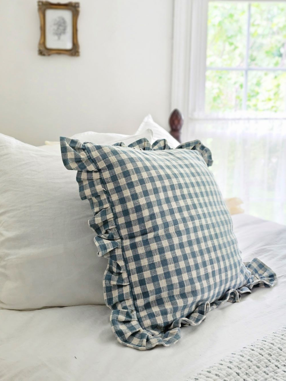 Cottage Blue Gingham and Ruffles Pillow