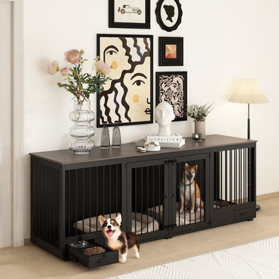 Dog Crate Furniture -Wooden Dog Kennel with Room Divider and 2 Drawers