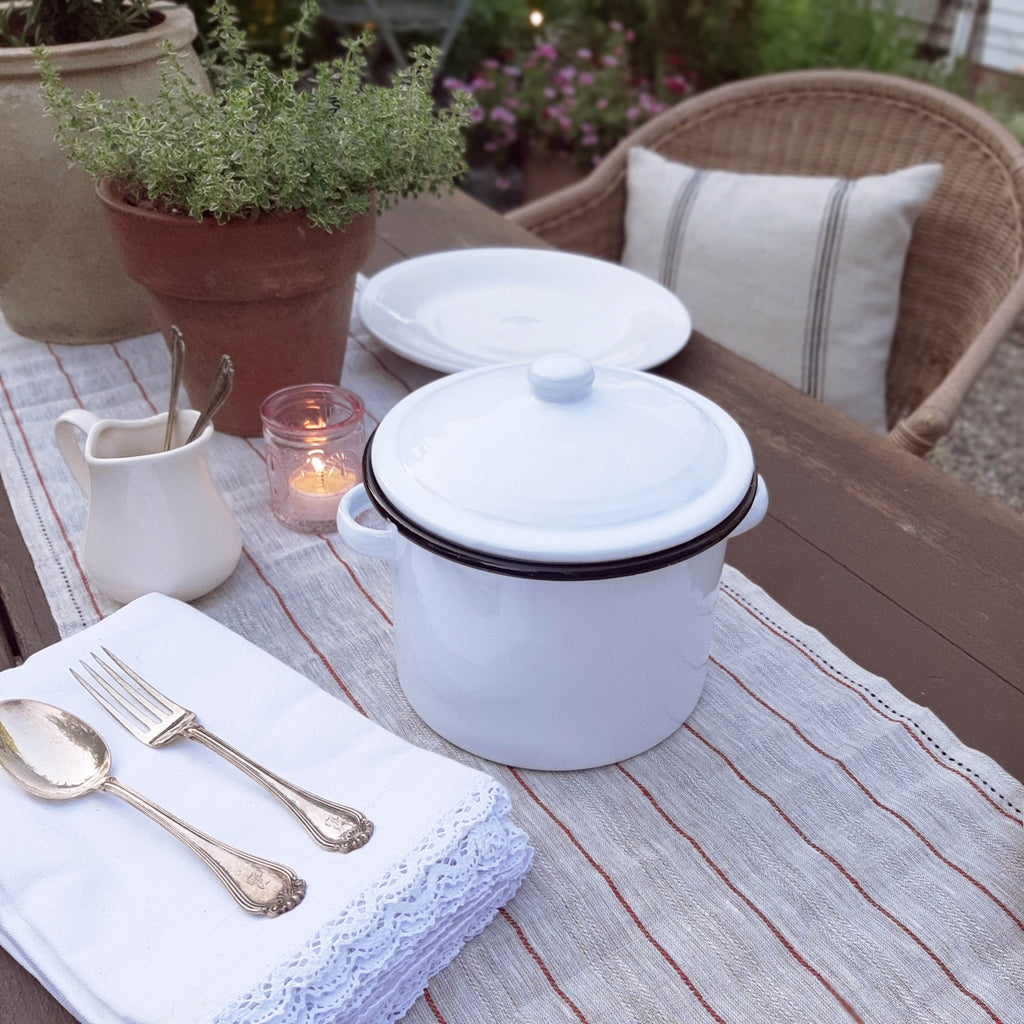 White Enamel Stock Pot with Black Rim