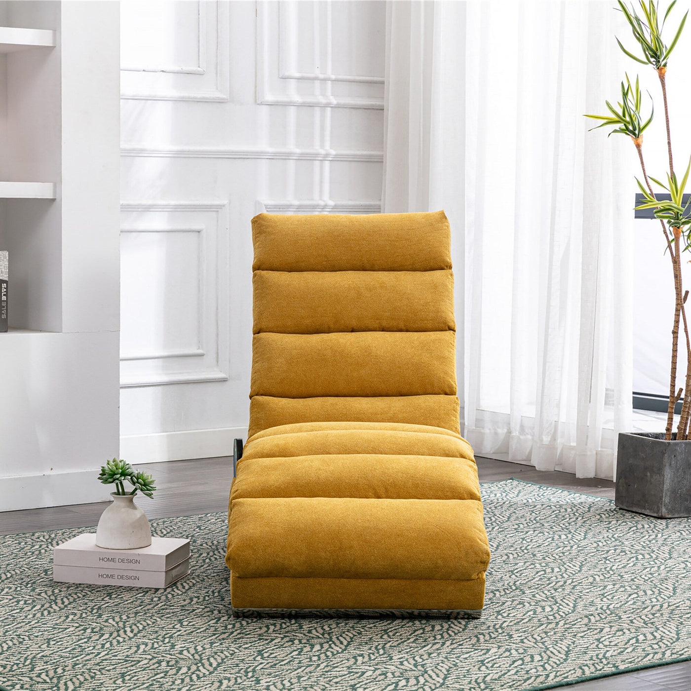Ergonomic Linen Massage Chaise Lounge Chair Reclining Tufted Upholstered Sleeper with Remote and 5 Vibration Modes