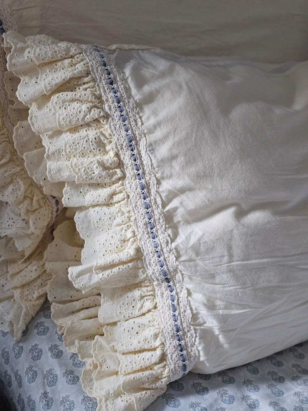 Eyelet Ruffles with Blue Velvet Ribbon Pillowcase, Set of 2