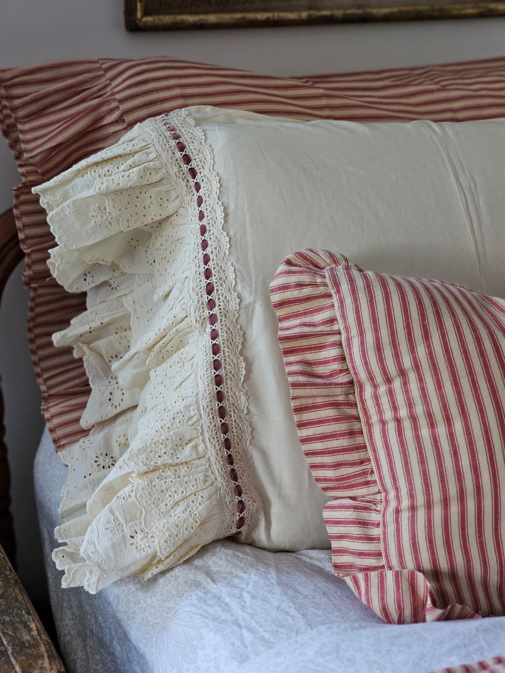 Red Ticking Stripe Pillow Case Set