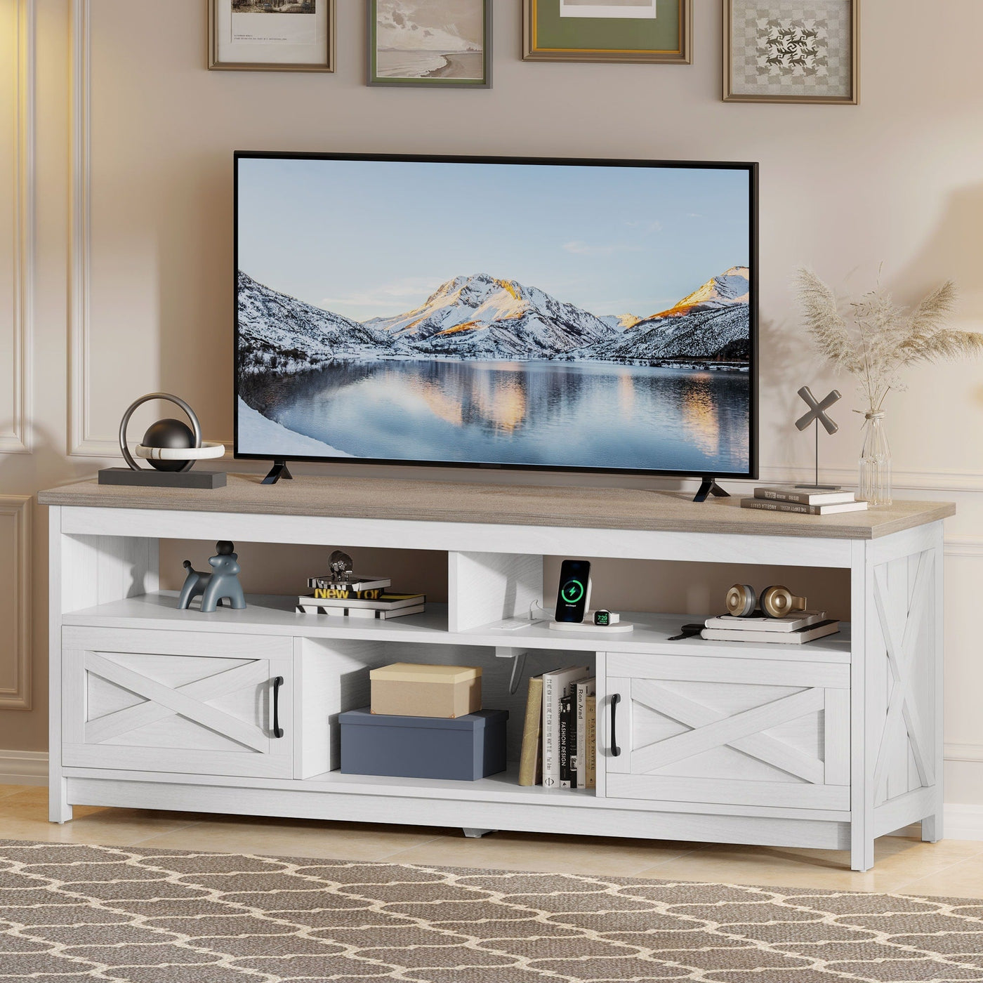 Farmhouse TV Stand for up to 65 TV with Doors and Open Shelves Media Console Power Outlet