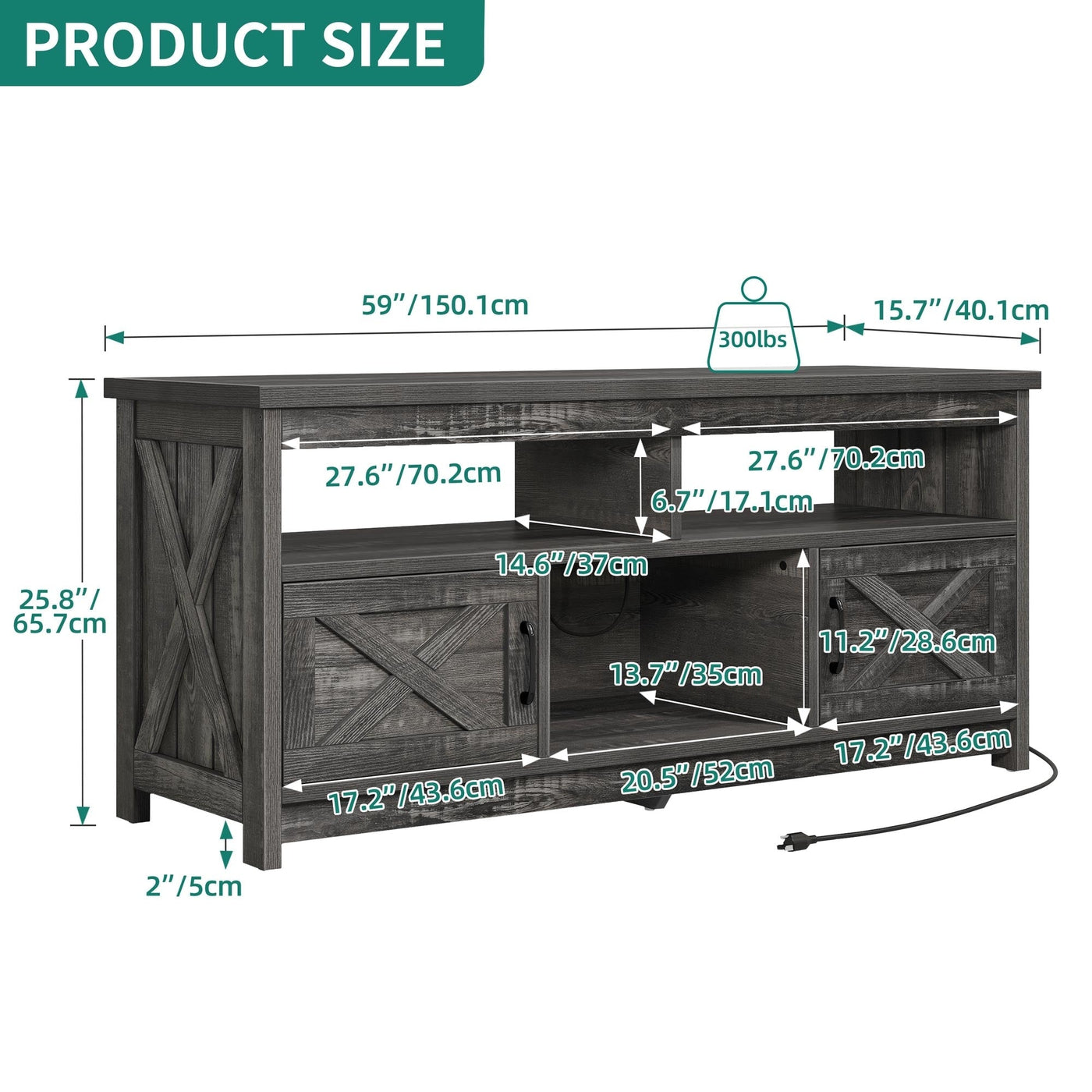 Farmhouse TV Stand for up to 65 TV with Doors and Open Shelves Media Console Power Outlet