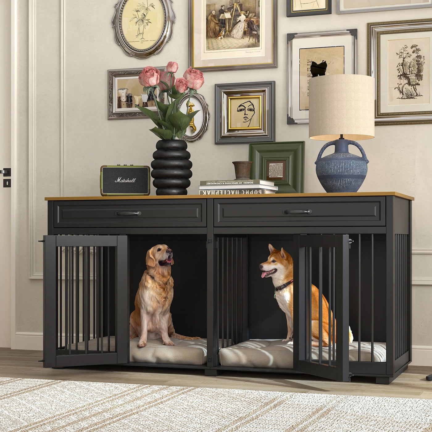 Furniture Style Dog Crate, 64.5 Inch Wooden Large Dog Kennel