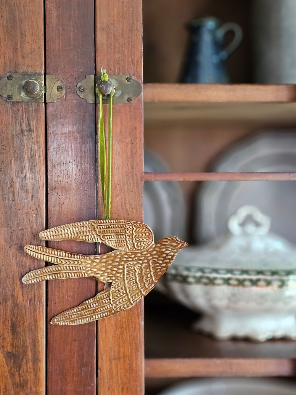 Golden Spirit Bird Ornament with Velvet Ribbon