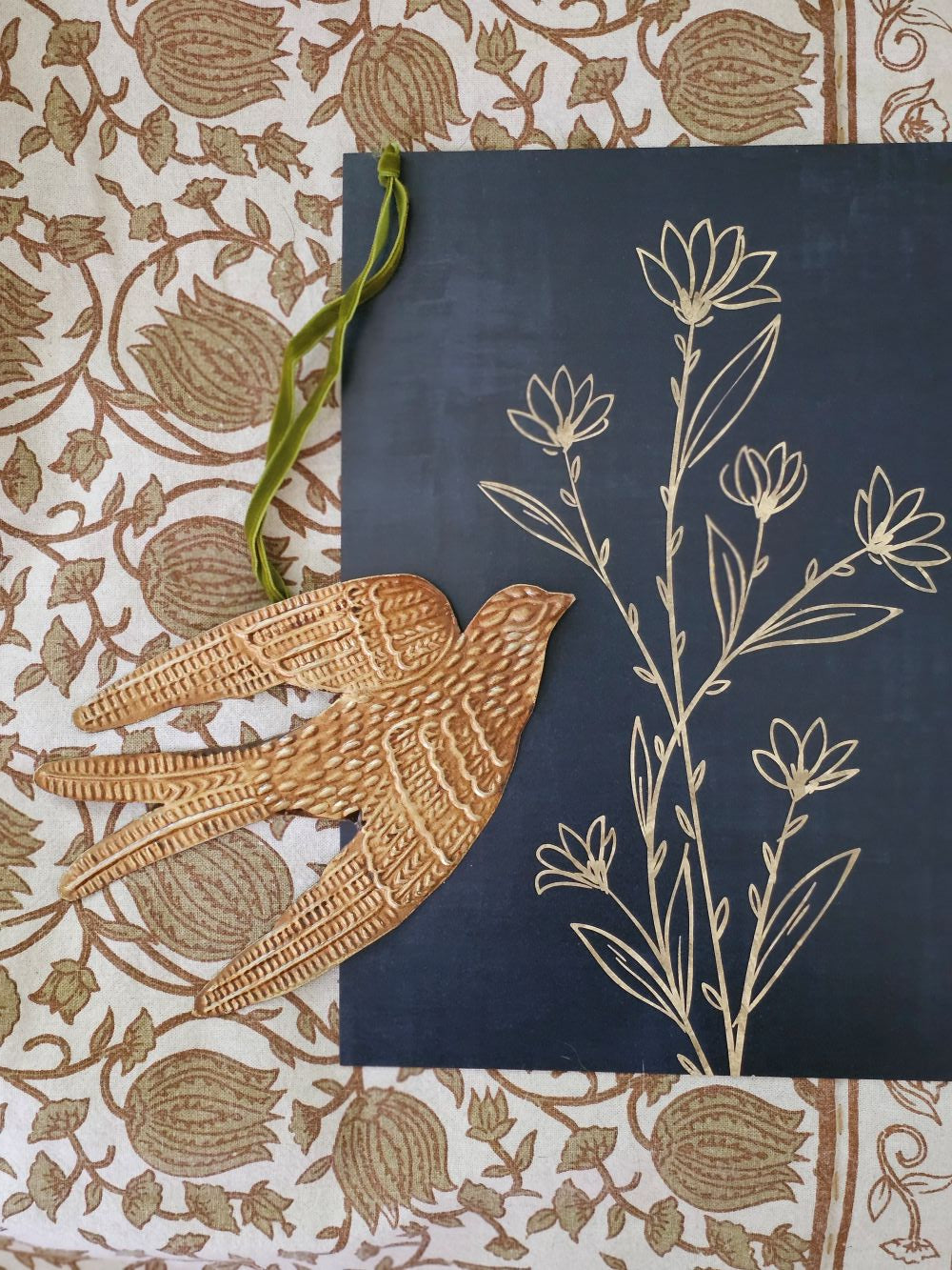 Golden Spirit Bird Ornament with Velvet Ribbon