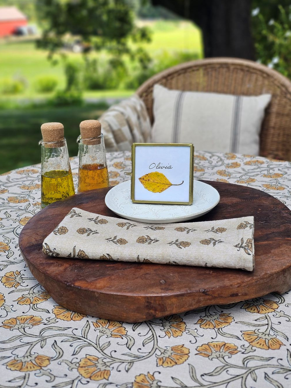 Block Print Mustard Flowers Tablecloth and Napkin Collection