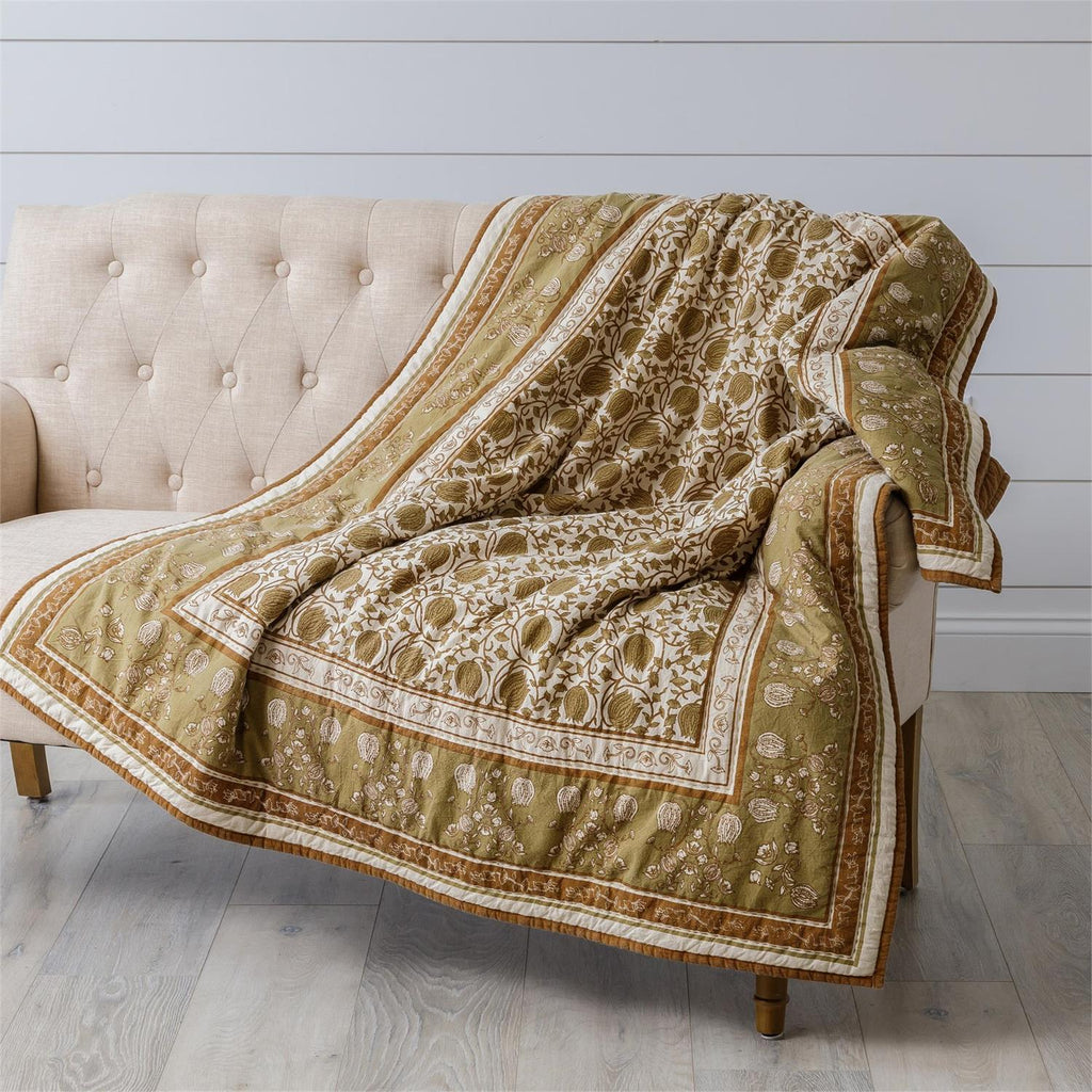 Golden Olive and Brown Block Print Quilted Throw