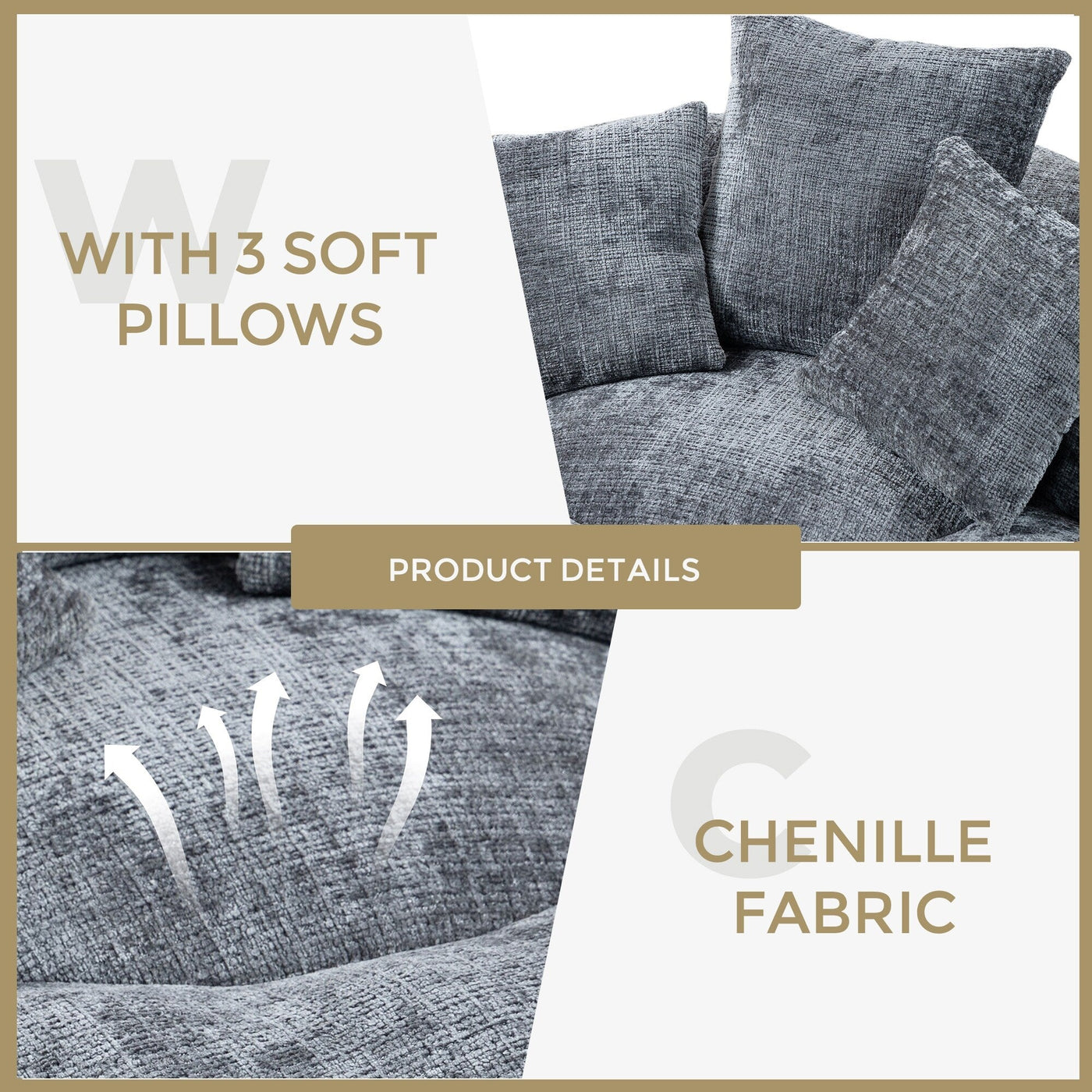 Gray Oversized 42.52 Chenille Lazy Bean Bag Single Sofa with Three Pillows for Bedroom