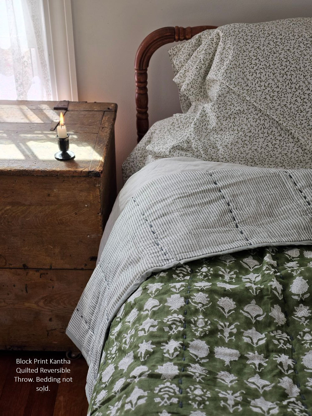 Block Print Kantha Quilt Reversible Throw Blanket