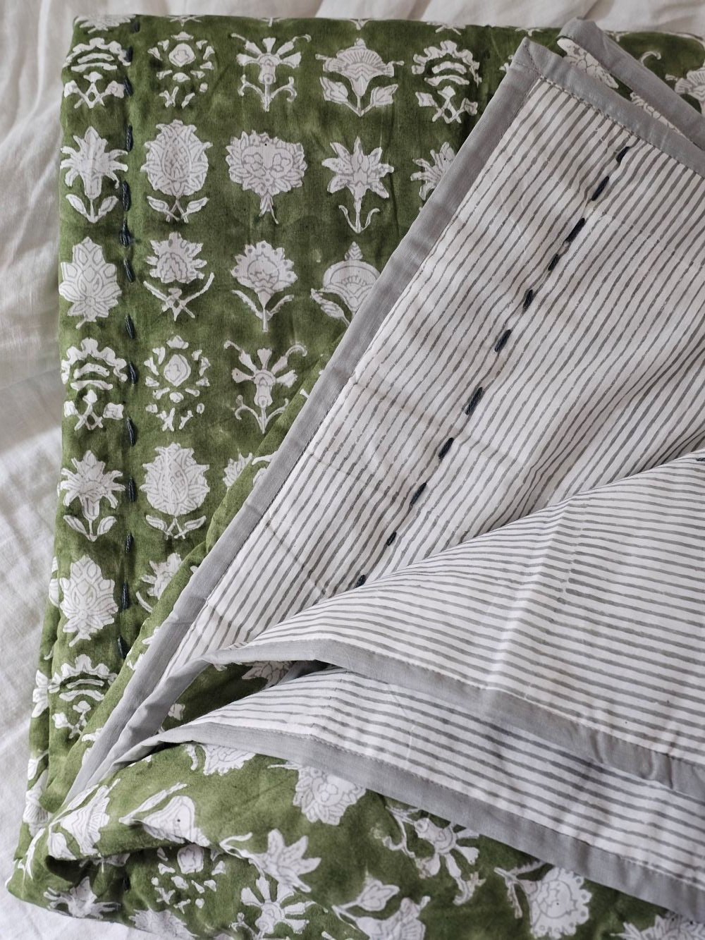 Block Print Kantha Quilt Reversible Throw Blanket