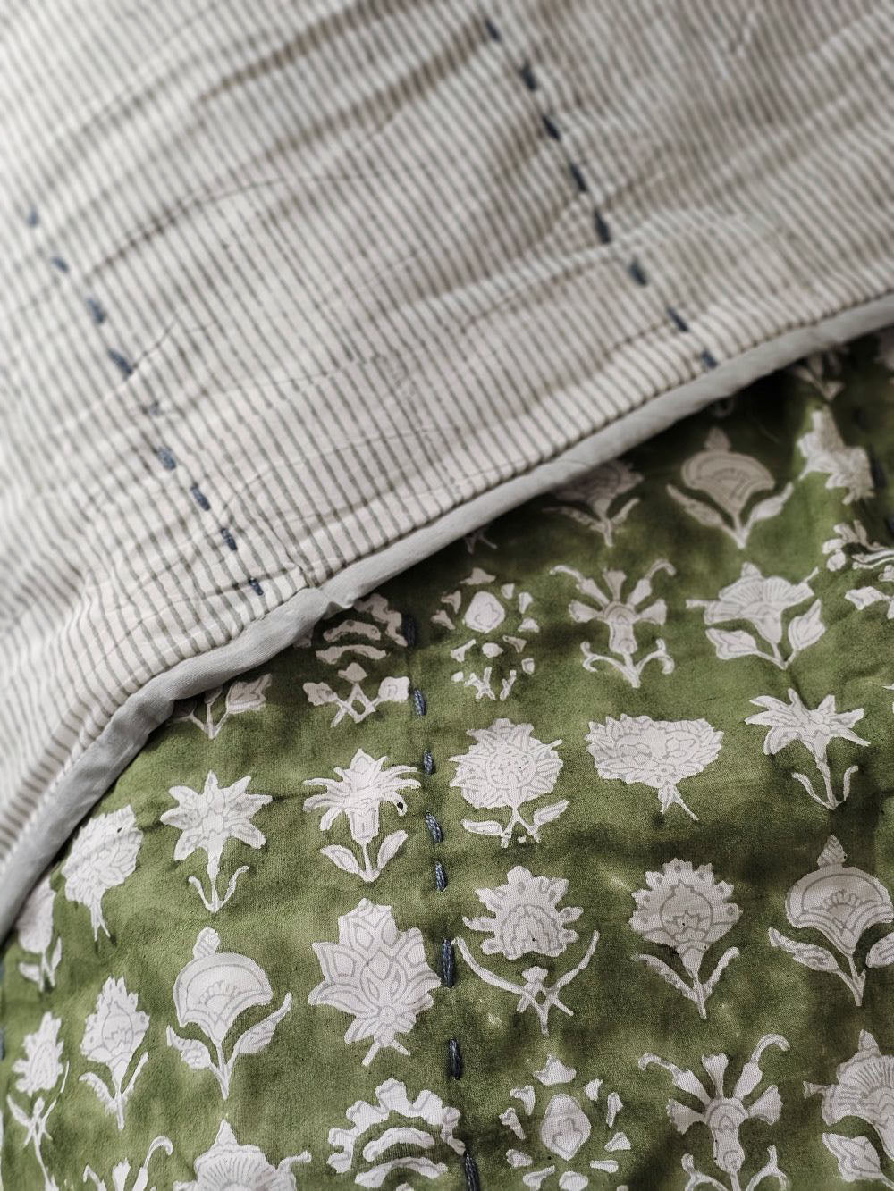 Block Print Kantha Quilt Reversible Throw Blanket