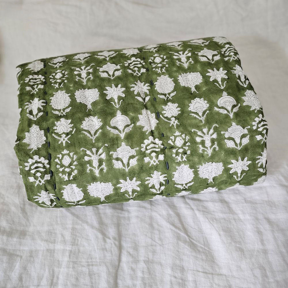 Block Print Kantha Quilt Reversible Throw Blanket