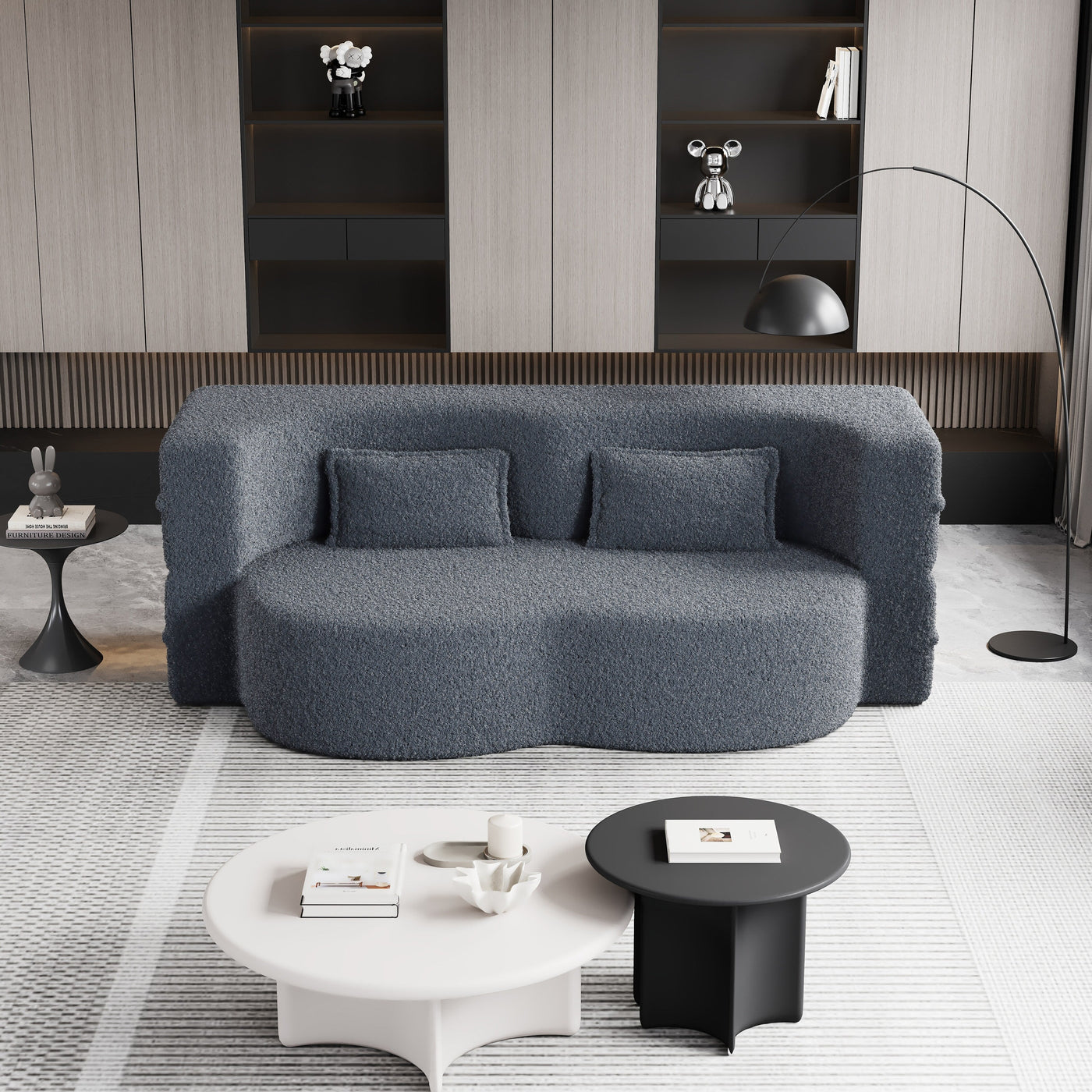 Grey 78 Convertible Teddy Fabric Loveseat Foam-Filled Floor Sofa Bed with 2 Pillows and Folding Mattress for Living Room