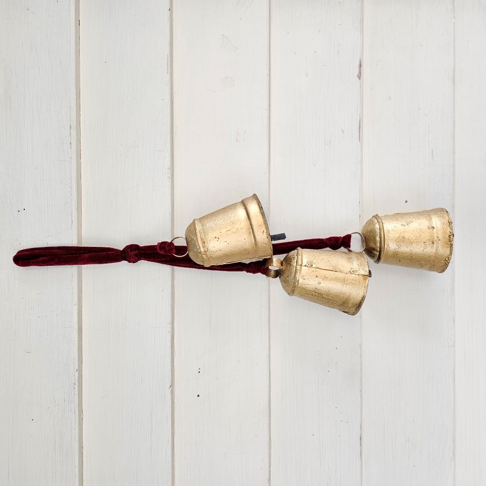 Hanging Gold Bell Cluster with Velvet Ribbon