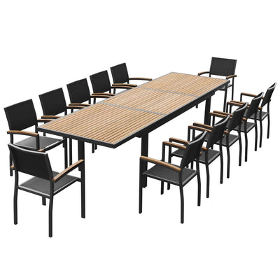 Heck 13 Pieces FSC Teak Aluminum Outdoor Dining Set for 12 Person, Extendable Table and Stackable Chair, Charcoal Black