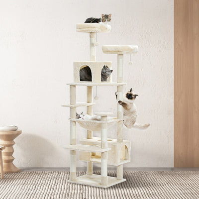 Large Cat Tower Cat Condo with Scratching Posts and Pads, 2 Padded Perch, Dual Condo and Basket