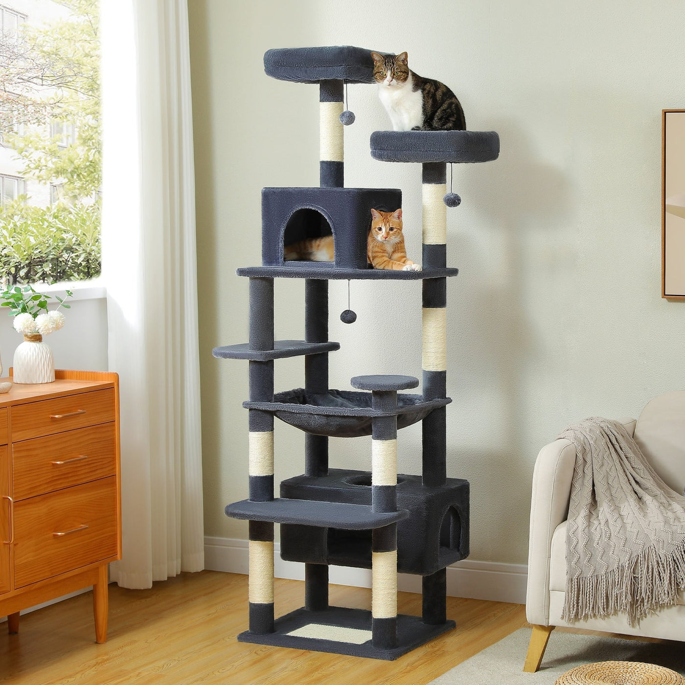 Large Cat Tower Cat Condo with Scratching Posts and Pads, 2 Padded Perch, Dual Condo and Basket
