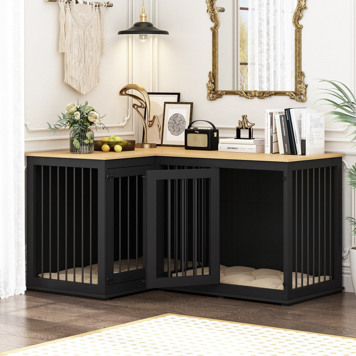 Large Corner Dog Crate Furniture for 2 Dogs, L Shape Dog Crate Cage - 58.7X41.1