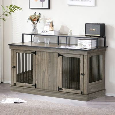 Mcombo Large Dog Crate Furniture TV Stand,Wooden Dog Kennel with Double Doors 1861
