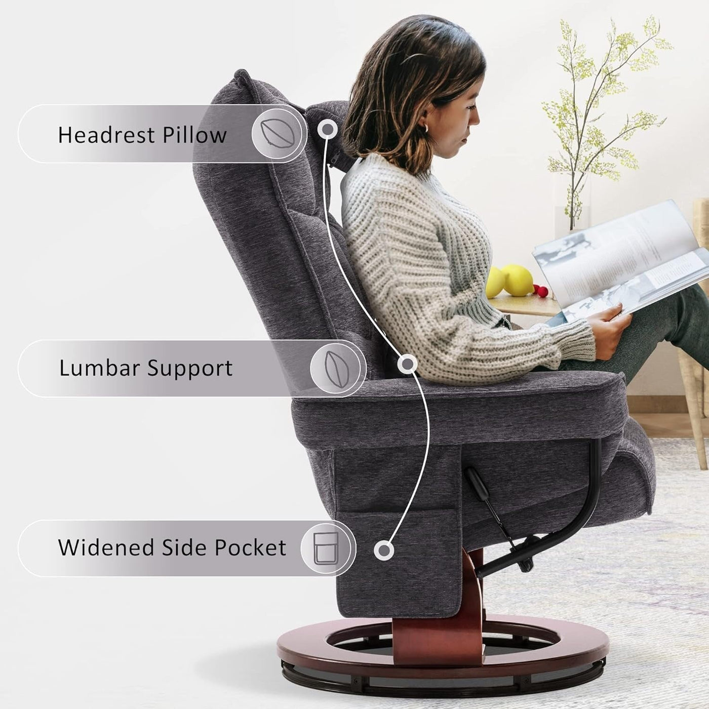 MCombo Set of 2 Swivel Recliner with Ottoman and Neck Pillow,Chenille Fabric