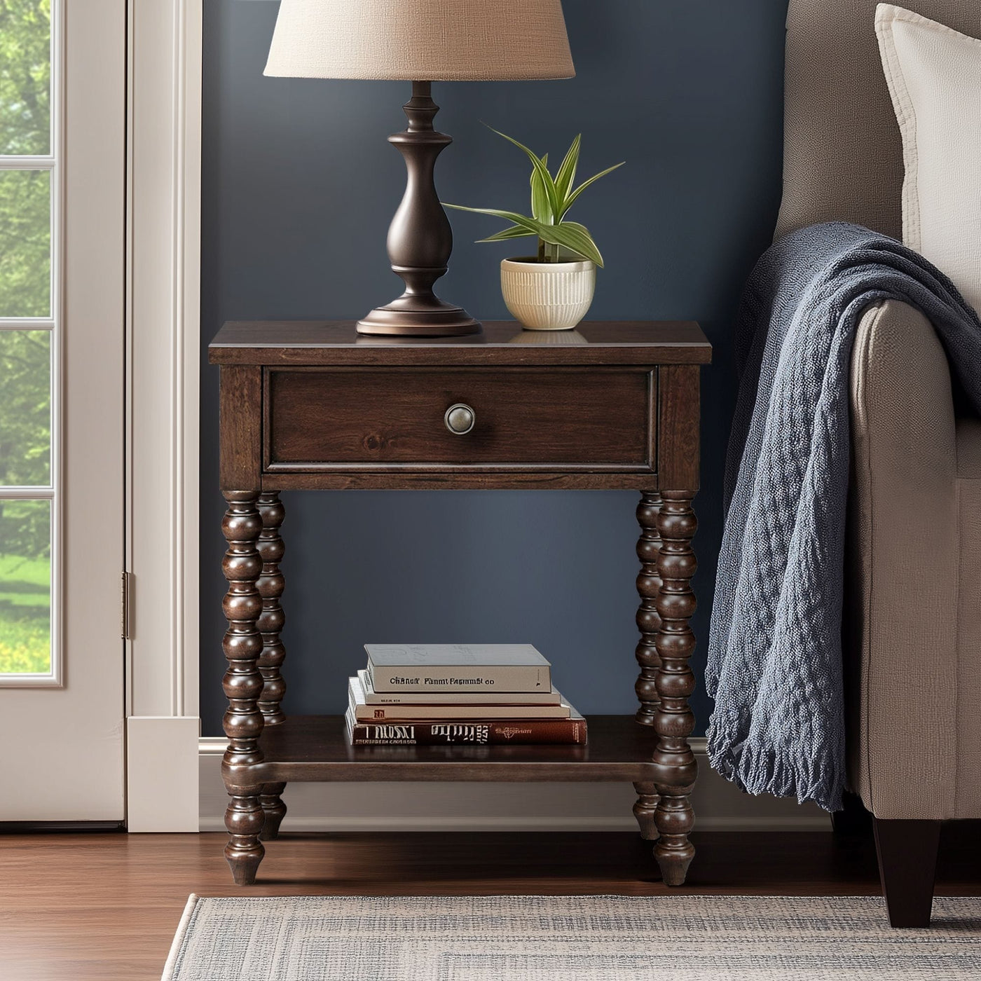 Madison Park Signature Beckett Turned Wood Spindle Nightstand with Drawer & Shelf