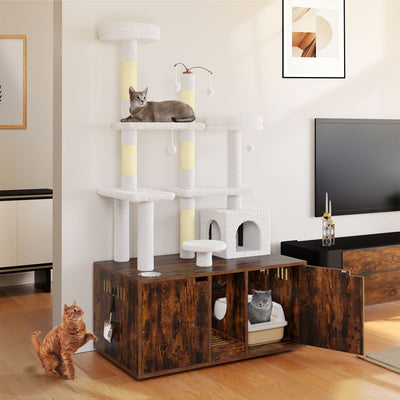 Moasis Double Cat Litter Box Enclosure with Scratching Post Cat Tree