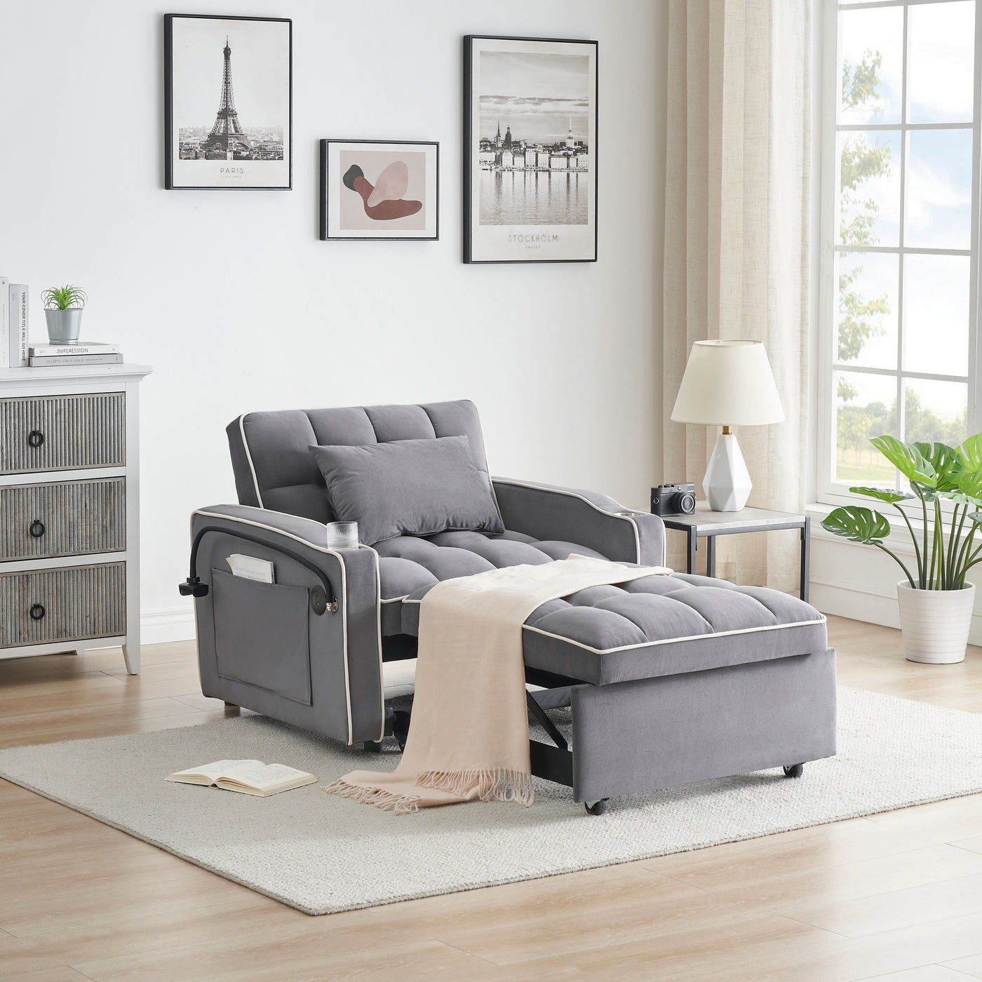 Modern 70.86 3 in 1 Single Convertible Sofa Bed with Adjustable Back and USB Charging Port for Living Room