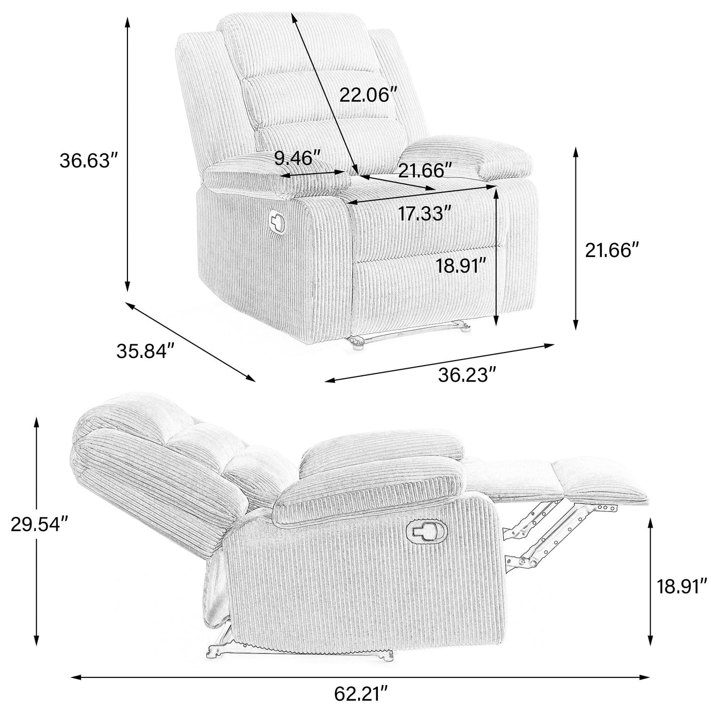 Modern Corduroy Manual Recliner Chair, Lounger Adjustable Recliners with Wide Armrest
