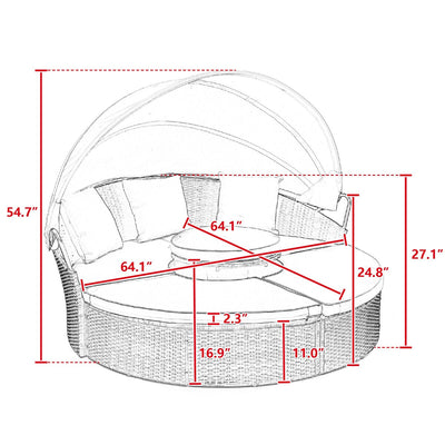 Outdoor Rattan Round Canopy Daybed with Lift Coffee Table, Navy Blue Deep Seating Sofa Bed with Pillows and Washable Cushions