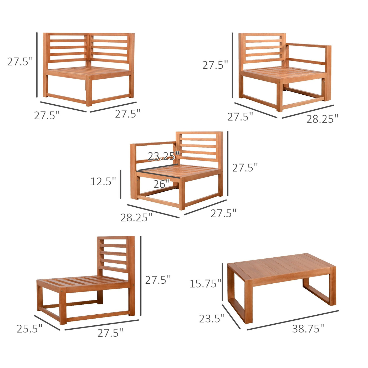 Outsunny 5 PCS L Shaped Patio Furniture Set, Wood Outdoor Sectional Sofa Conversation Set, Grey