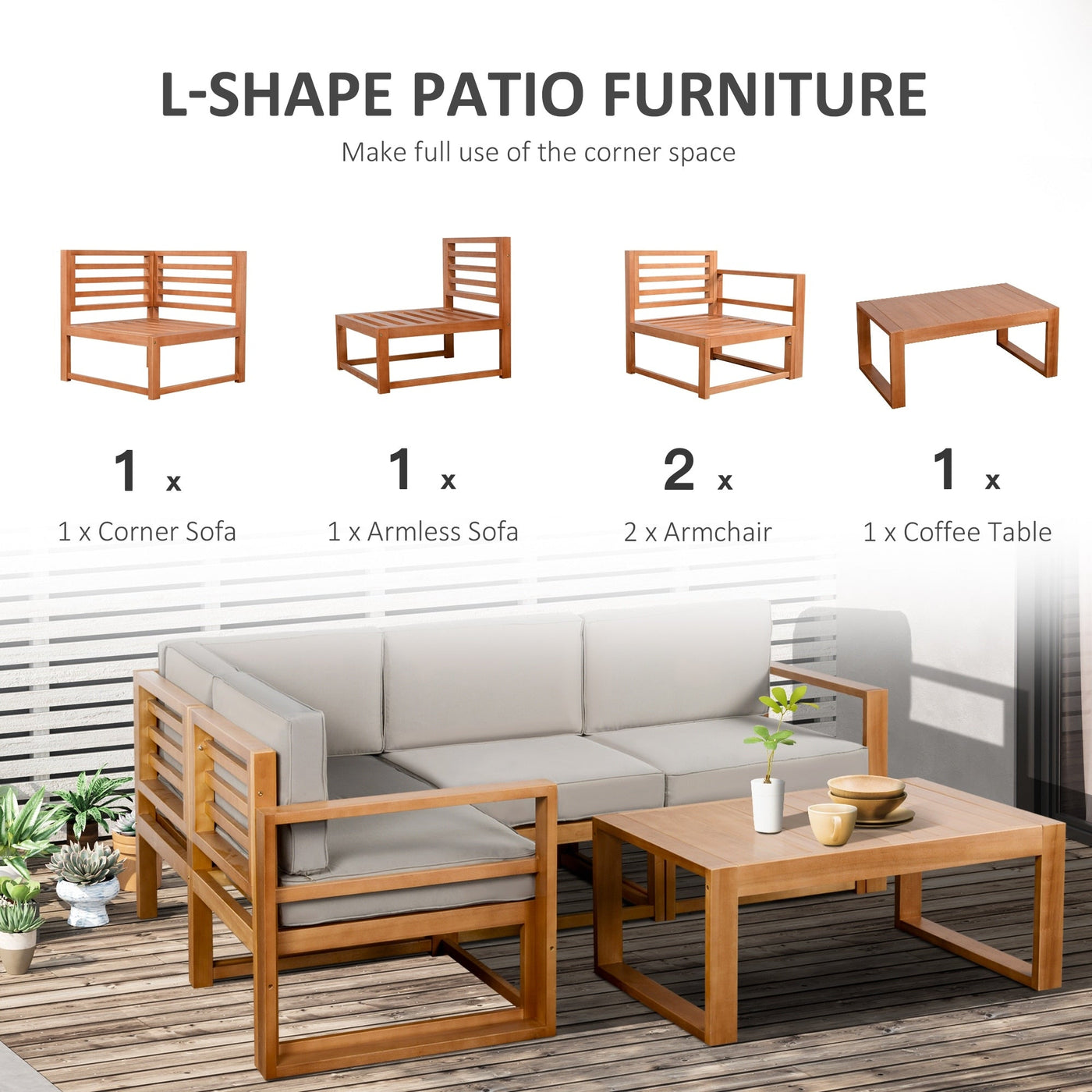 Outsunny 5 PCS L Shaped Patio Furniture Set, Wood Outdoor Sectional Sofa Conversation Set, Grey