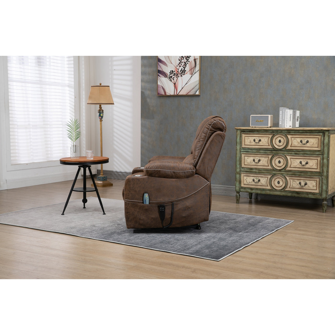 Oversized PU Leather Power Lift Recliner with Massage, Lumbar Heating, Cup Holder, 180¡ã Flat Lay