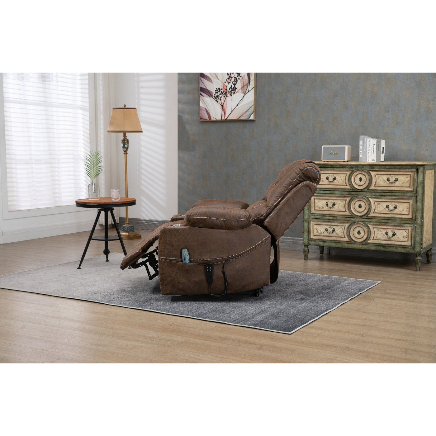 Oversized PU Leather Power Lift Recliner with Massage, Lumbar Heating, Cup Holder, 180¡ã Flat Lay