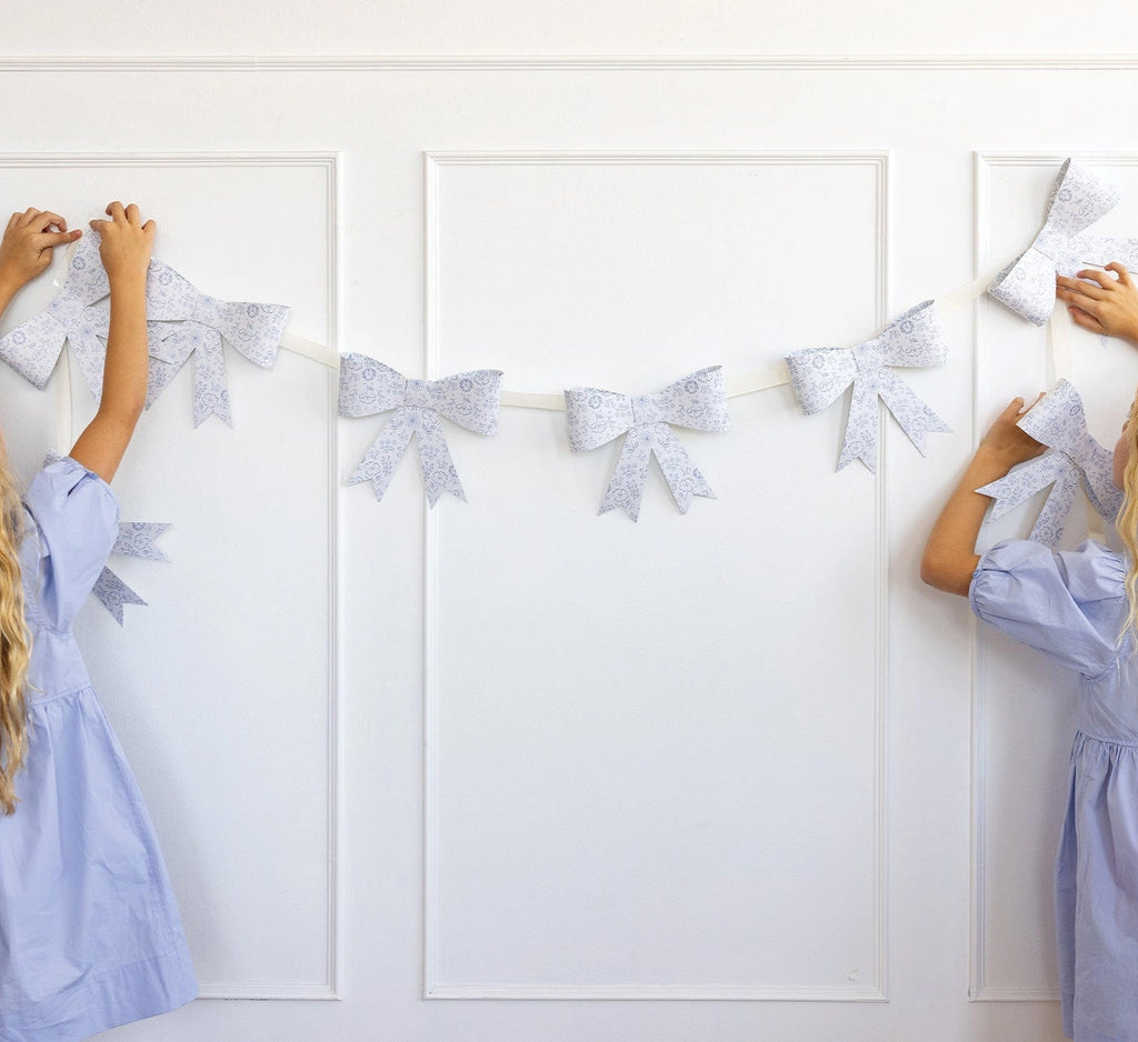 Paper Bow Garland with Blue Floral Design