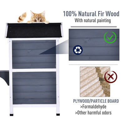 PawHut Fir Wood 2-Story Outdoor Cat House, Wooden Feral Cat Shelter with Openable Asphalt Roof for Indoor/Outdoor, White / Grey
