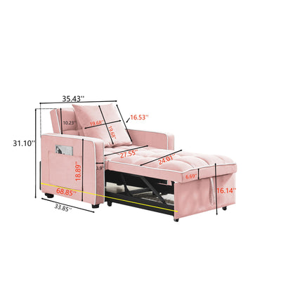 Pink Velvet Single Sofa Bed with Adjustable Back