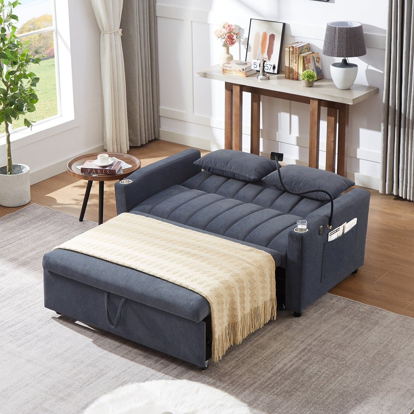 Roomfitters Convertible Loveseat Sofa Bed with USB Ports, Side Pockets, Cup Holders, and Swivel Phone Holder for Living Room