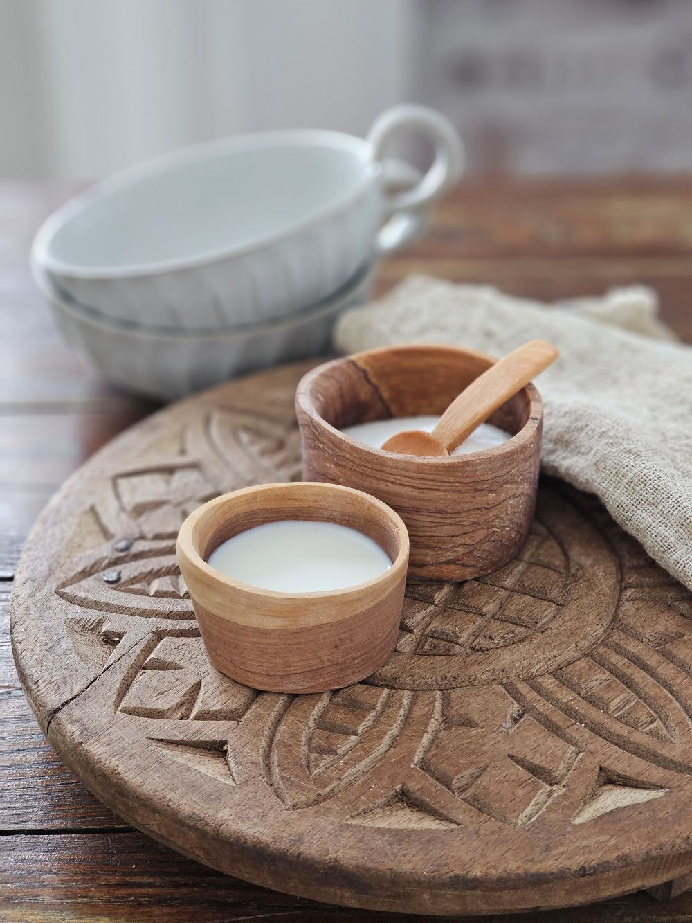 Rustic Olive Wood Sugar Bowl and Creamer Set