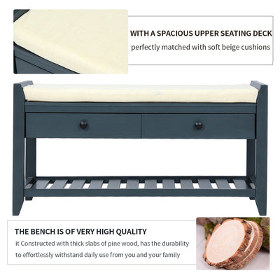 Shoe Rack with Cushioned Seat and Drawers, Multipurpose Storage Bench, Antique Navy - 39L x 14W x 19.8H