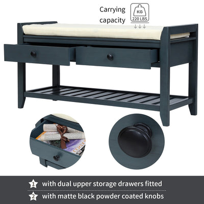Shoe Rack with Cushioned Seat and Drawers, Multipurpose Storage Bench, Antique Navy - 39L x 14W x 19.8H