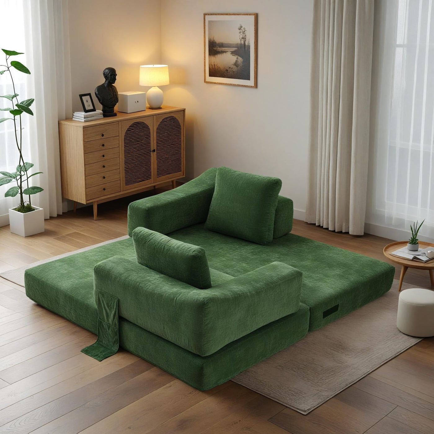 70.87 Upholstered Convertible Sleeper Sofa, Convertible Chair Floor Couch Comfy Sofa for Living Room, Bedroom, Chenille Fabric