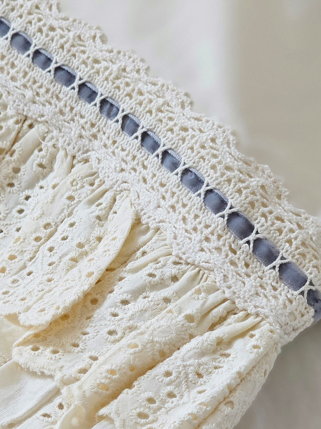 Eyelet Ruffles with Blue Velvet Ribbon Pillowcase, Set of 2