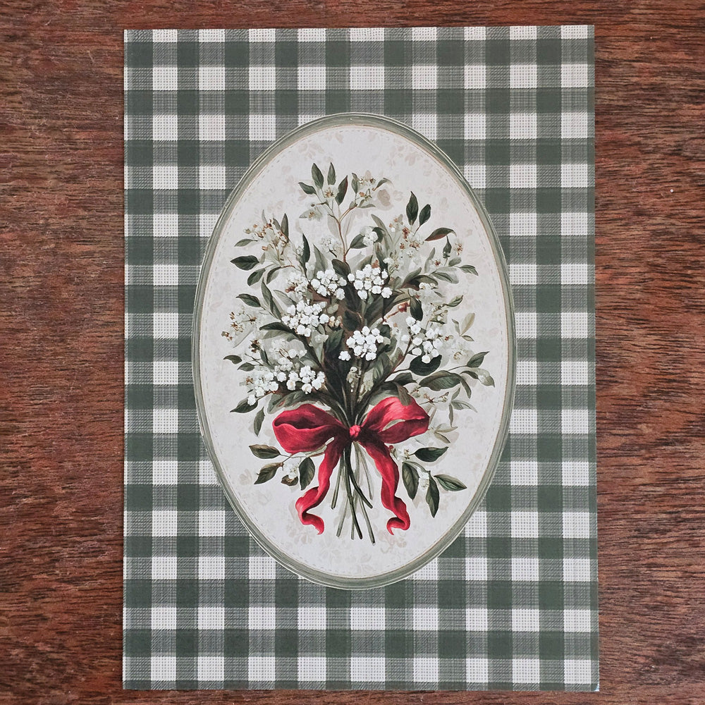 Vintage Cottage Art Print with Bouquet on Green Gingham