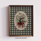 Vintage Cottage Art Print with Bouquet on Green Gingham