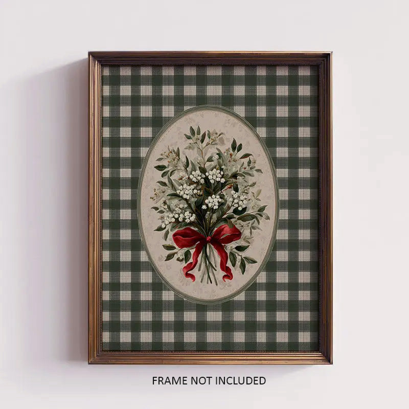 Vintage Cottage Art Print with Bouquet on Green Gingham